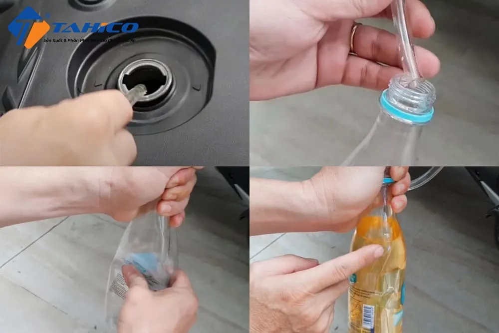 Tháo xăng xe máy bằng ống dẫn và chai nhựa