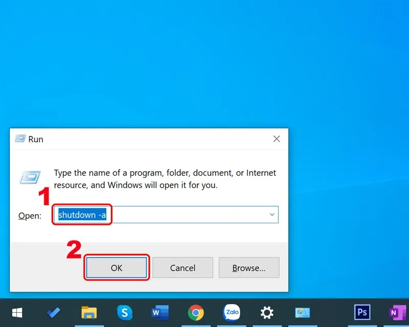 Nhập lệnh shutdown -a để tắt chế độ hẹn giờ màn hình máy tính trong hộp thoại Run