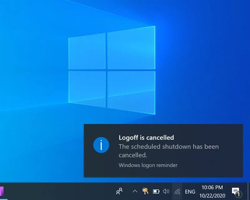Thông báo hủy thành công chế độ hẹn giờ màn hình máy tính và lệnh tắt máy