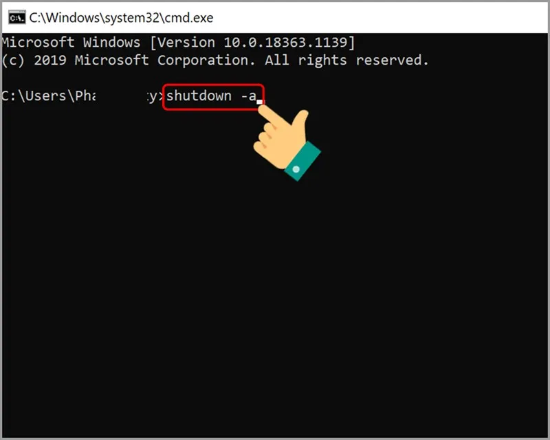 Thực hiện lệnh shutdown -a trong CMD để tắt chế độ hẹn giờ màn hình máy tính