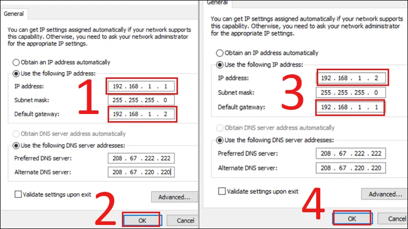 Bạn hãy cấu hình 2 máy tính với các IP khác nhau