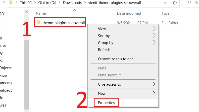 Click chuột phải vào thư mục cần chia sẻ, chọn Properties