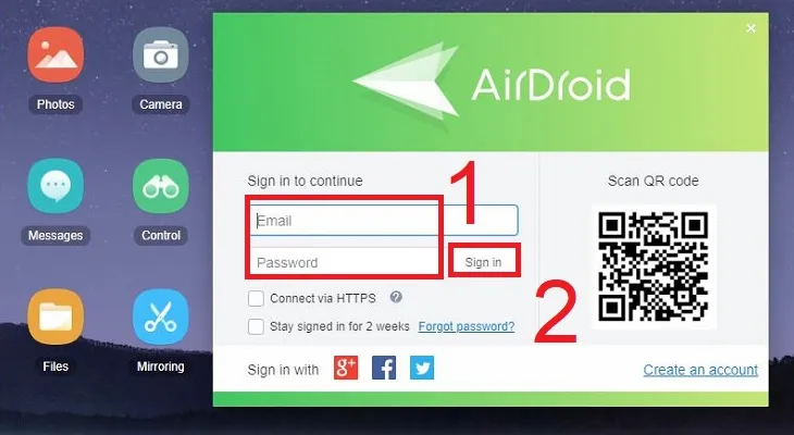 Trang web AirDroid trên trình duyệt máy tính, nơi người dùng có thể đăng nhập để mở kết nối điện thoại với máy tính và quản lý dữ liệu.