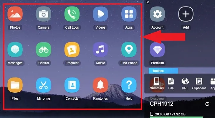 Giao diện quản lý file của AirDroid trên máy tính, cho phép truy cập và sao chép dữ liệu sau khi mở kết nối điện thoại với máy tính.