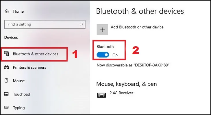 Giao diện cài đặt Bluetooth &amp; other devices trên laptop Windows, cho thấy cách mở Bluetooth trên máy tính để kết nối với điện thoại.