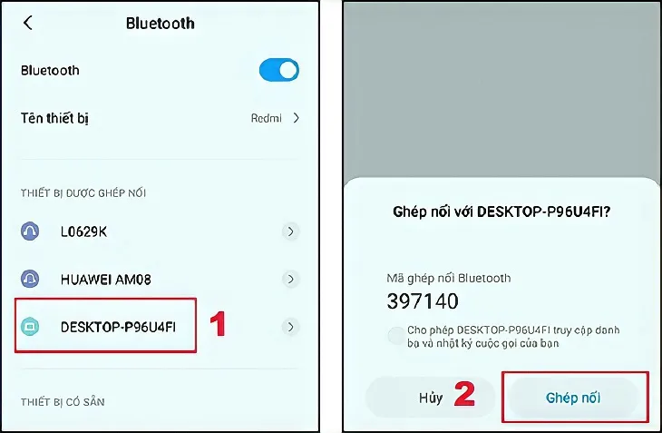 Thông báo xác nhận ghép nối Bluetooth giữa điện thoại và máy tính, hoàn tất quá trình mở kết nối điện thoại với máy tính.