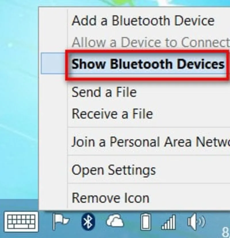 Chọn Show Bluetooth Devices trên Windows 8 Pro để quản lý kết nối Bluetooth