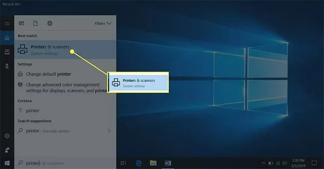 Giao diện Printers &amp; Scanners trên Windows 10, nơi người dùng bắt đầu cài đặt máy in WiFi.