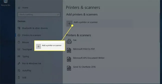 Nút Add a printer or scanner trên Windows 10 để thêm thiết bị, hướng dẫn cách sử dụng máy in qua mạng wifi.