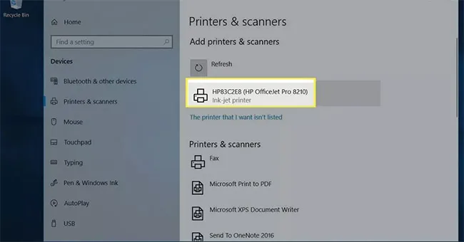 Danh sách các máy in khả dụng được phát hiện trên mạng, cho phép người dùng chọn máy in kết nối WiFi.