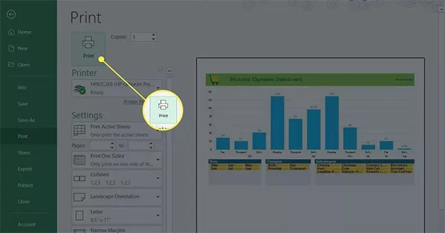 Nút Print để gửi lệnh in tài liệu đến máy in không dây đã kết nối.