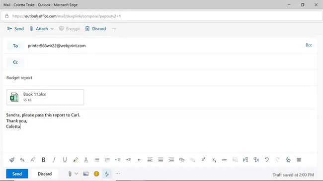 Hộp thoại đính kèm tập tin vào email, để gửi tài liệu in đến máy in qua mạng không dây.
