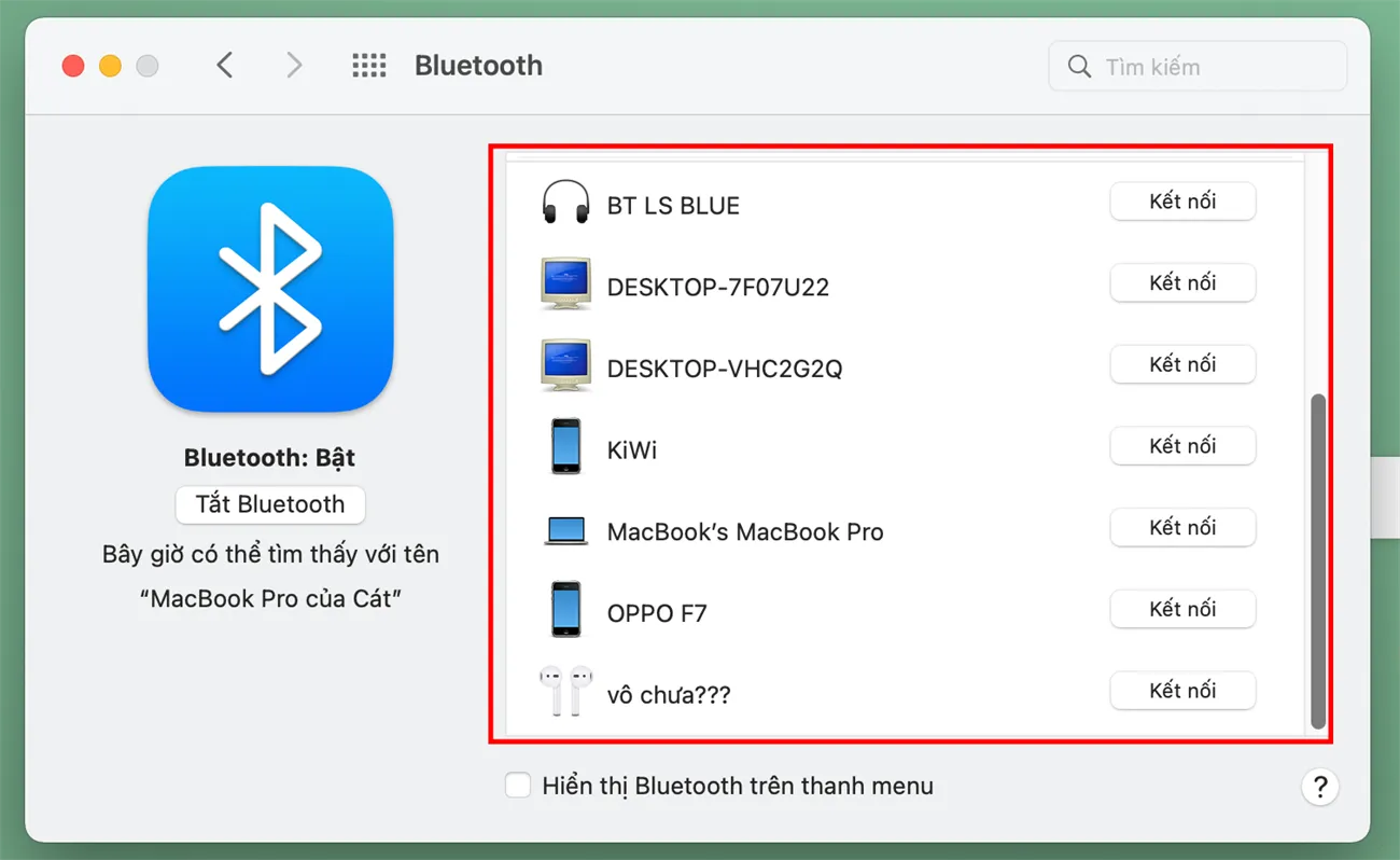 Lựa chọn tai nghe hoặc loa muốn kết nối từ danh sách thiết bị Bluetooth