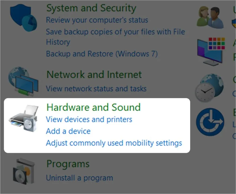 Hình ảnh minh họa chọn phần cứng và âm thanh trong bảng điều khiển