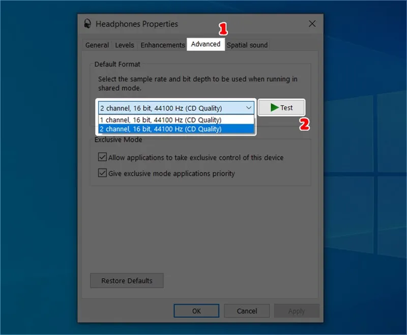 Hình ảnh minh họa thử định dạng âm thanh khác trong cài đặt để kiểm tra