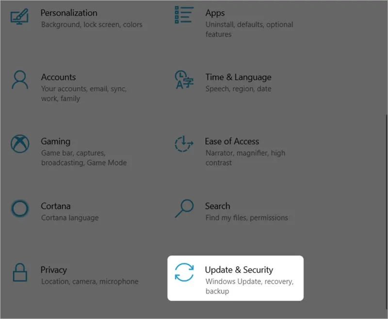 Hình ảnh minh họa chọn Update &amp; Security trong cài đặt Windows