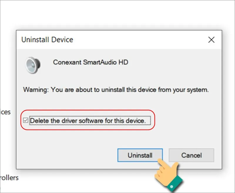 Hình ảnh minh họa xác nhận xóa driver âm thanh và phần mềm