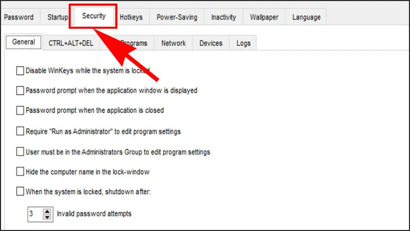 Các tùy chọn bảo mật nâng cao trong tab Security