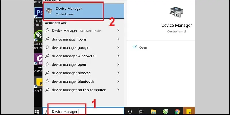 Truy cập Device Manager từ thanh tìm kiếm để quản lý thiết bị