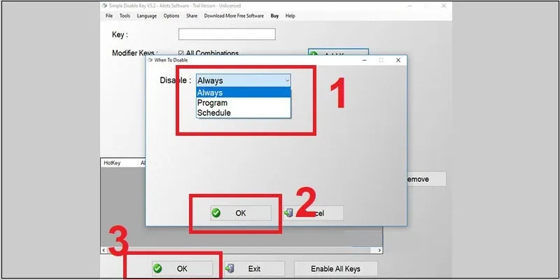 Thiết lập tùy chọn vô hiệu hóa phím theo thời gian hoặc chương trình cụ thể