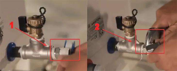 Vặn van an toàn vào van xả của máy nóng lạnh gián tiếp với một lực vừa phải