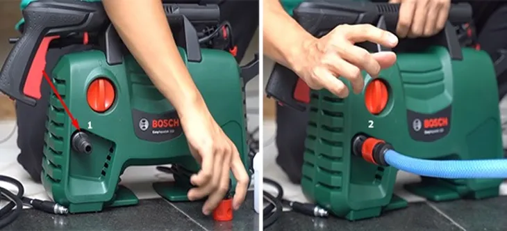 Lắp đặt nguồn cấp nước cho máy rửa xe Bosch bằng cách nối cút và dây dẫn vào thân máy, chuẩn bị sẵn sàng cho việc sử dụng máy rửa xe.