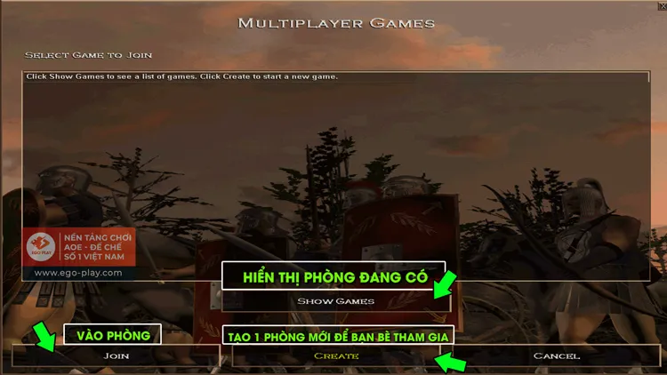 Hộp Thoại Chọn Vào Phòng Hoặc Tạo Phòng Mới Để Chơi Đế Chế Cùng Bạn Bè