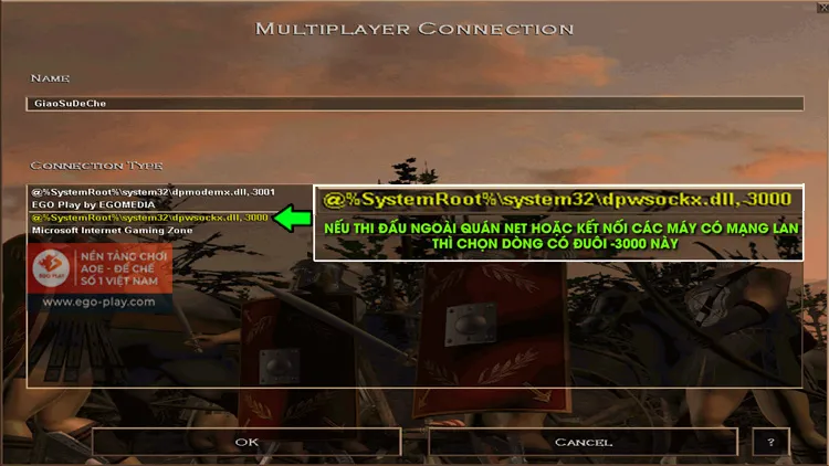 Màn Hình Thiết Lập Tên Người Chơi Và Kiểu Kết Nối Mạng LAN AoE
