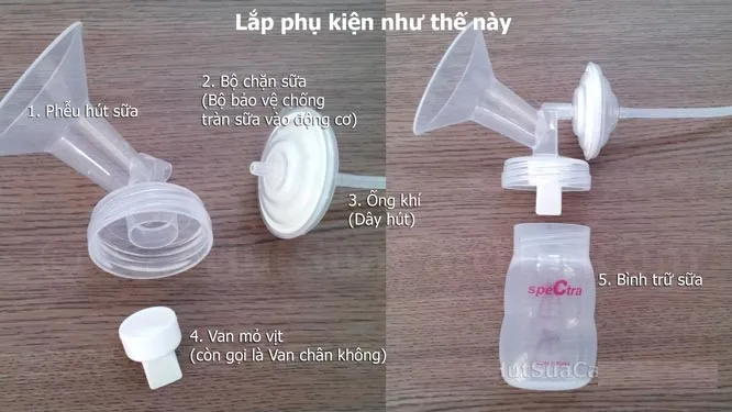 Hướng dẫn chi tiết cách lắp van trắng và phễu hút sữa Spectra 9 Plus vào bình sữa một cách chính xác