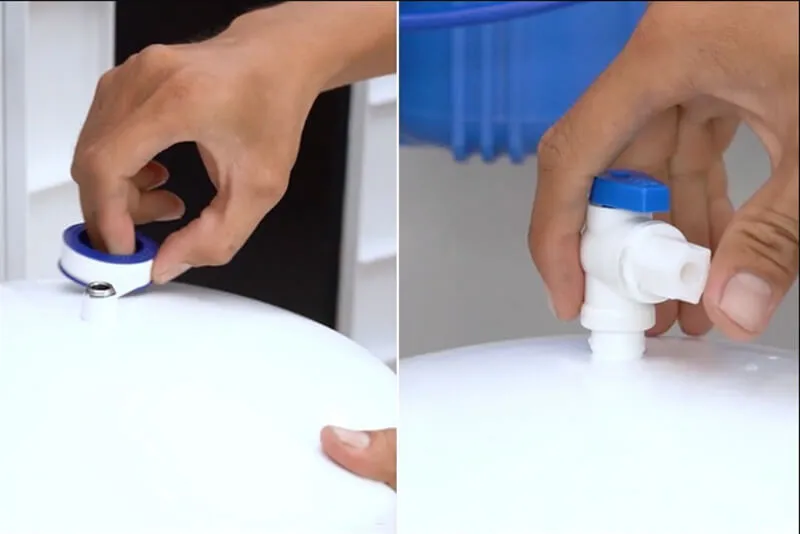 Lắp dây cuối cùng vào bình áp của máy lọc nước gia đình