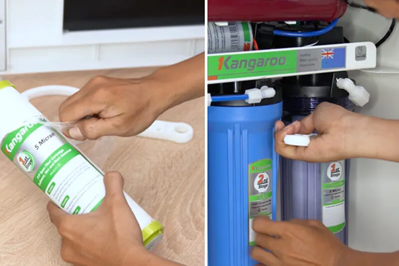 Tháo cốc lọc và lắp lõi lọc vào máy lọc nước gia đình