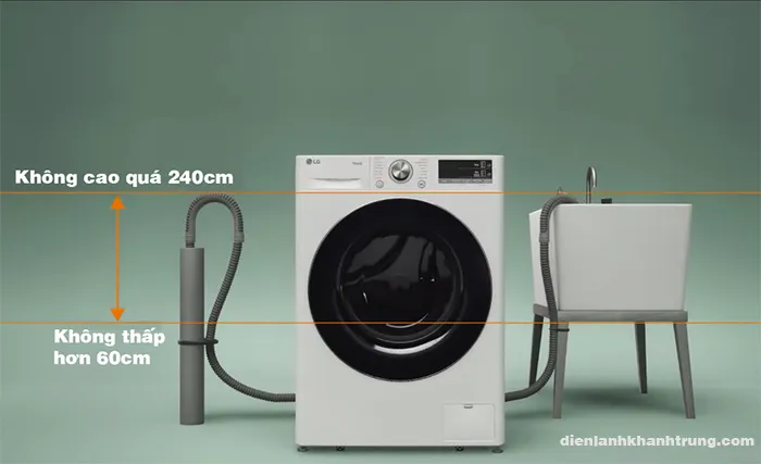 Sơ đồ hướng dẫn chiều cao và vị trí đặt ống thoát nước máy giặt đúng cách
