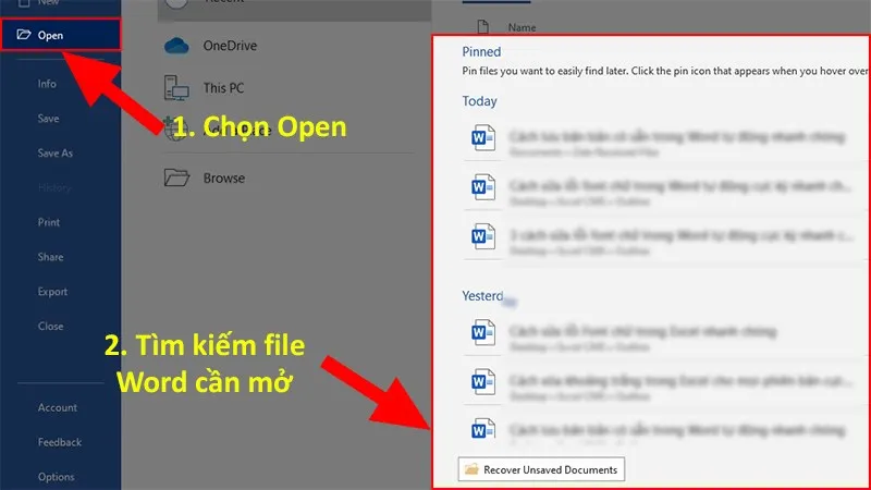 Sau khi nhấn Ctrl + O, người dùng có thể tìm kiếm file Word đã lưu trong danh sách tài liệu gần đây.