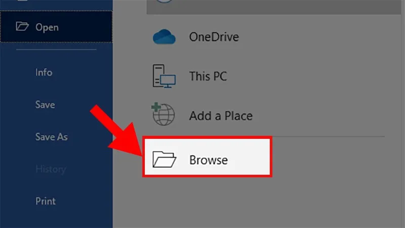Tiếp tục chọn Browse để duyệt qua các thư mục trên máy tính và tìm file Word cần mở.
