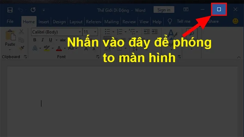 Nhấn vào biểu tượng fullscreen trên cửa sổ Word để chia màn hình
