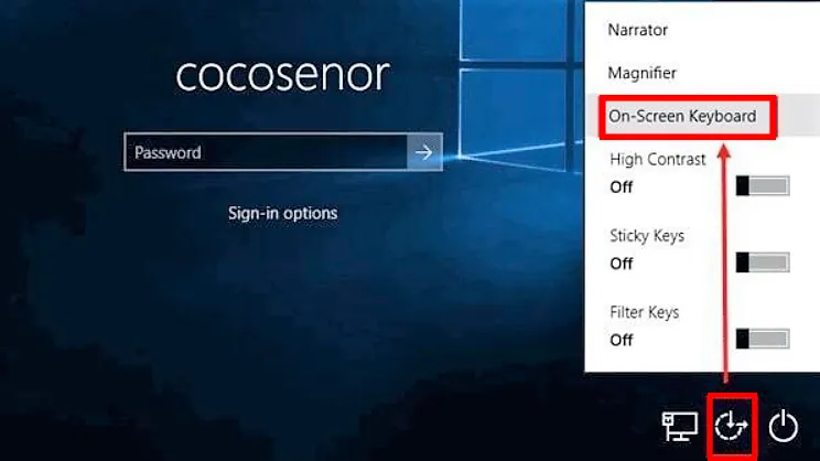Tại màn hình khóa, chọn biểu tượng trợ năng (Accessibility) và click vào &quot;On-Screen Keyboard&quot;