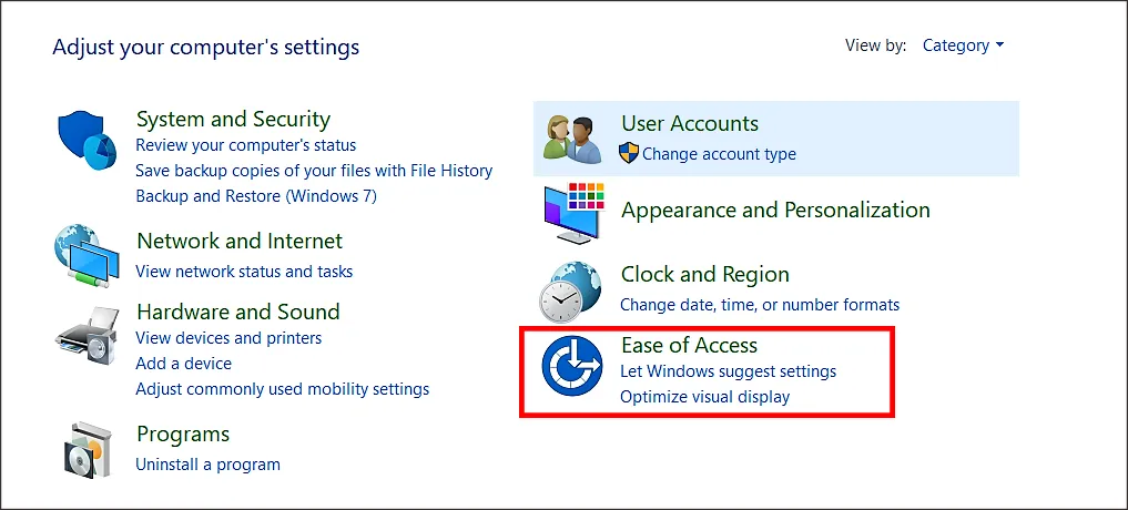 Trong Control Panel, chọn &quot;Ease of Access&quot; để tiếp cận các công cụ trợ năng