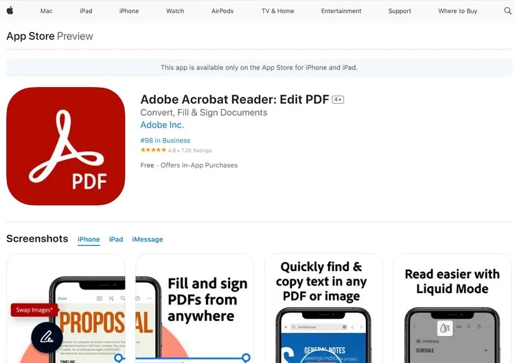 Hình ảnh minh họa giao diện ứng dụng Adobe Acrobat Reader trên iPhone, cho phép mở file PDF