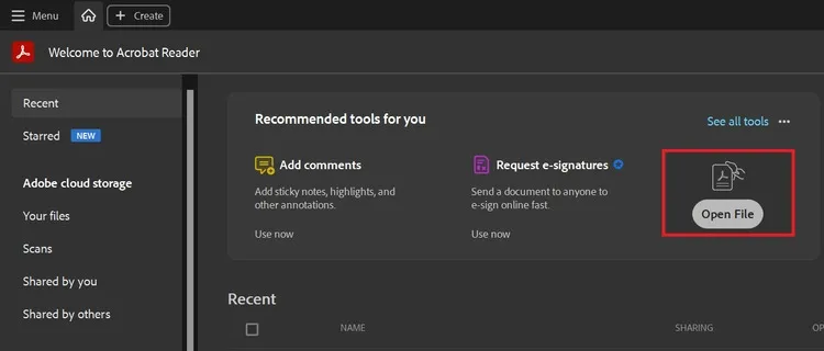 Hình ảnh minh họa giao diện Adobe Acrobat Reader với nút Open file