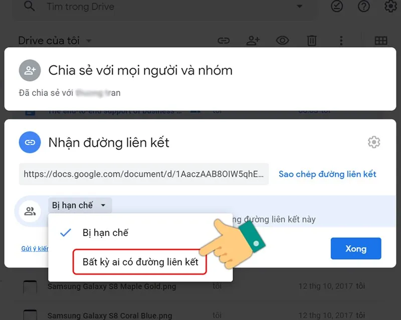 Thay đổi cài đặt quyền truy cập thành &quot;Bất kỳ ai có đường liên kết&quot; trên Google Drive