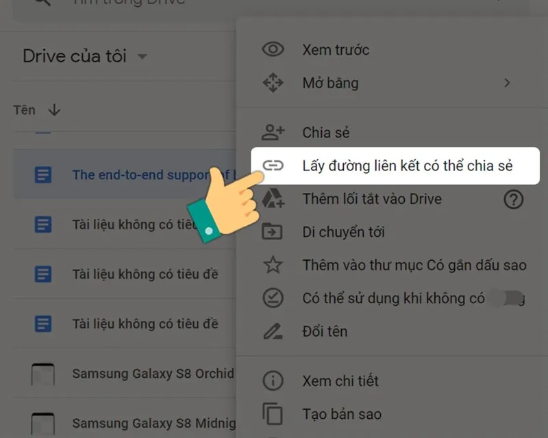Chọn tùy chọn &quot;Lấy đường liên kết có thể chia sẻ&quot; khi mở Google Drive