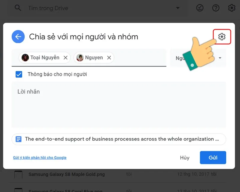 Nhấn vào biểu tượng cài đặt để tùy chỉnh quyền chia sẻ file trên Google Drive