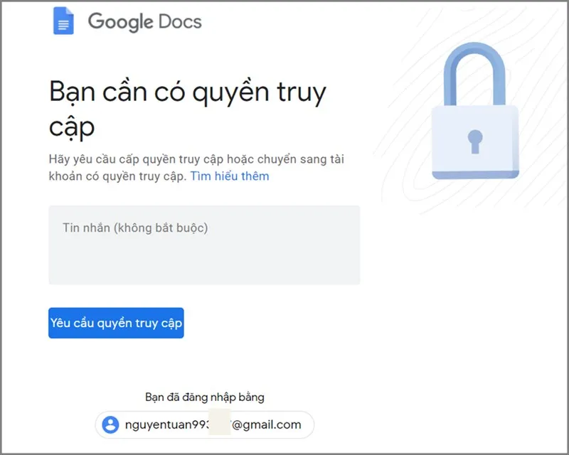 Thông báo yêu cầu quyền truy cập file Google Drive khi người dùng không có quyền
