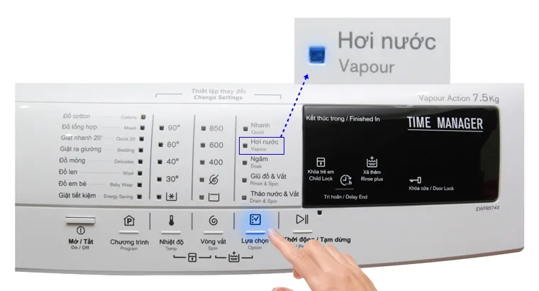 Chọn chế độ Giặt hơi nước (Vapour) trên máy giặt Electrolux EWF85743