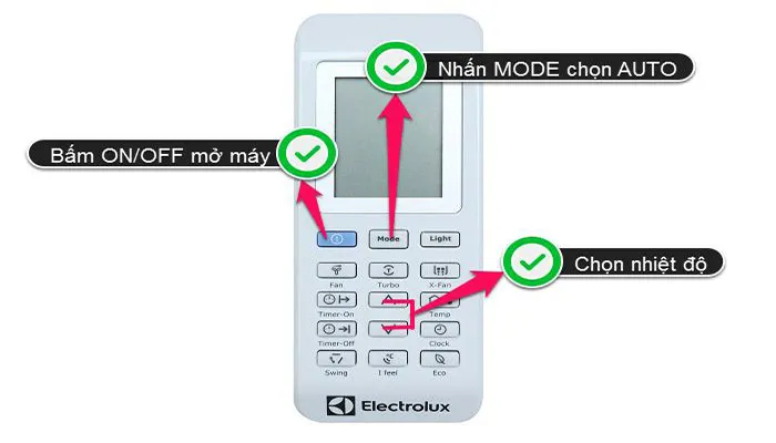 Minh họa màn hình điều khiển điều hòa Electrolux với chế độ MODE đang hiển thị, giải thích cách sử dụng máy điều hòa electrolux