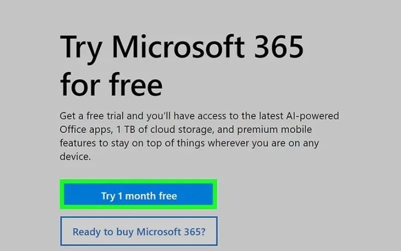 Trang giới thiệu gói dùng thử Office 365 miễn phí, cung cấp cơ hội trải nghiệm Excel trên máy tính