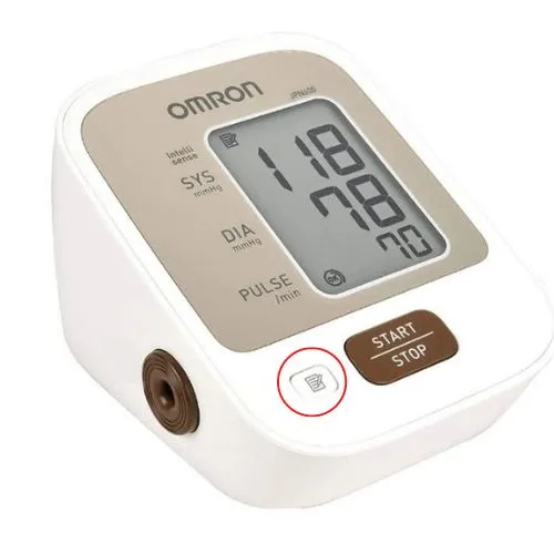 Biểu tượng bộ nhớ trên máy đo huyết áp Omron JPN600, cho phép xem lại các kết quả đã lưu