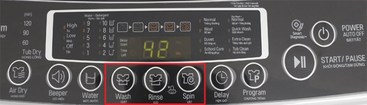Chọn các nút WASH, RINSE, SPIN để sử dụng chương trình tùy chọn trên máy giặt LG cửa trên