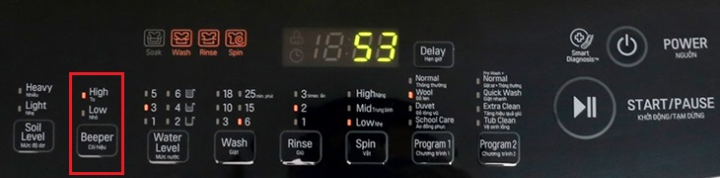Nút Beeper trên máy giặt LG cửa trên để điều chỉnh âm thanh thông báo