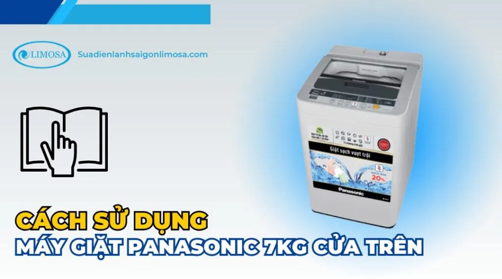 Người phụ nữ đang mở nắp máy giặt Panasonic 7kg cửa trên để cho quần áo vào lồng giặt, phía trên là bảng điều khiển đơn giản, minh họa cho cách sử dụng máy giặt Panasonic 7kg cửa trên.